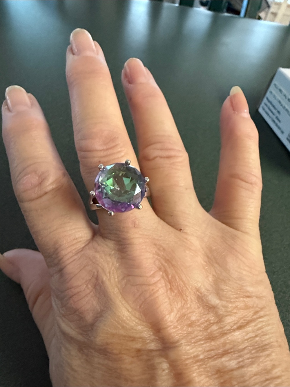 Color-Shift Solitaire Ring with Purple and Green Stone